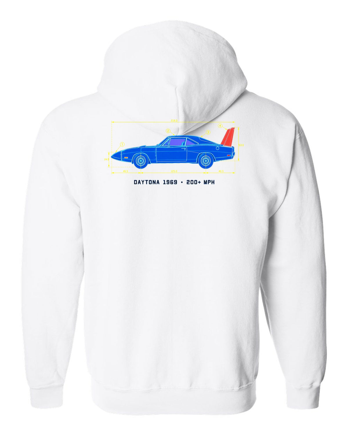 1969 Dodge Charger Daytona blueprint patent sheet print with 200+ MPH text white zip hoodie back view with the design