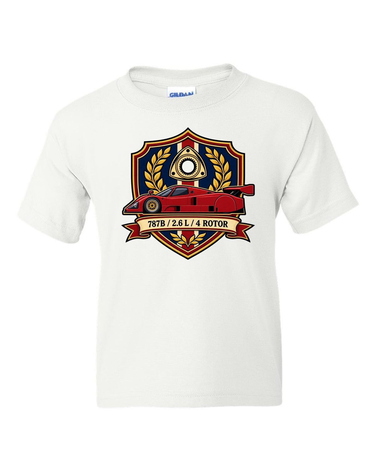 Comic halftone pop art design of the Mazda 787B with R26B SCREAMS / 9000 RPM lettering white kids tee front view with the design