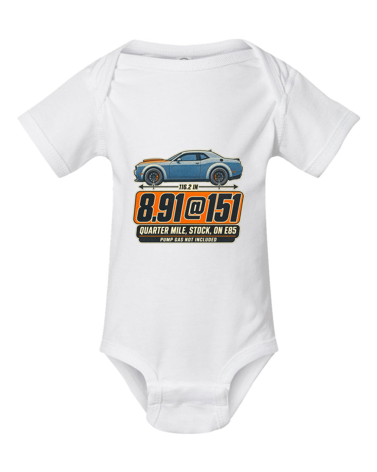 Dodge Challenger SRT Demon 170 halftone print with quarter mile time on E85 white baby onesie front view with the design