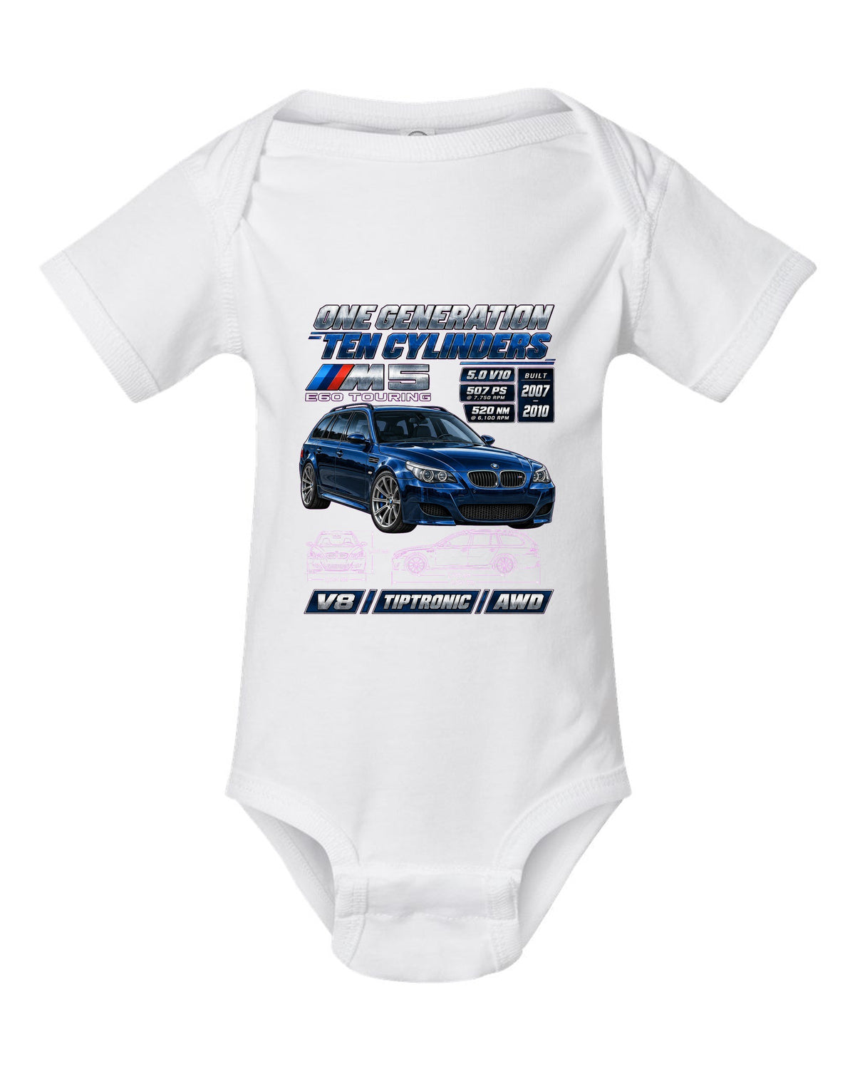 BMW M5 E60 V10 saloon spec poster print white baby onesie front view with the design