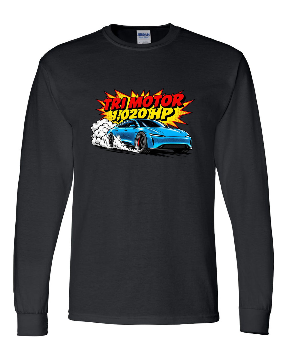 Comic halftone pop-art of a 2021 Tesla Model S Plaid with the words Tri Motor 1,020 HP black long sleeve front view with the design