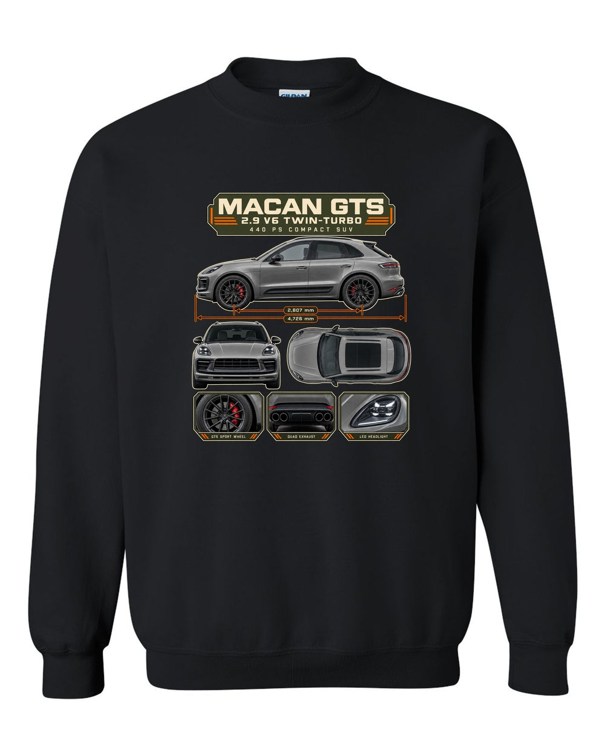 Porsche Macan GTS 95B Dossier Tee, 2.9 V6 Twin-Turbo black crewneck front view with the design