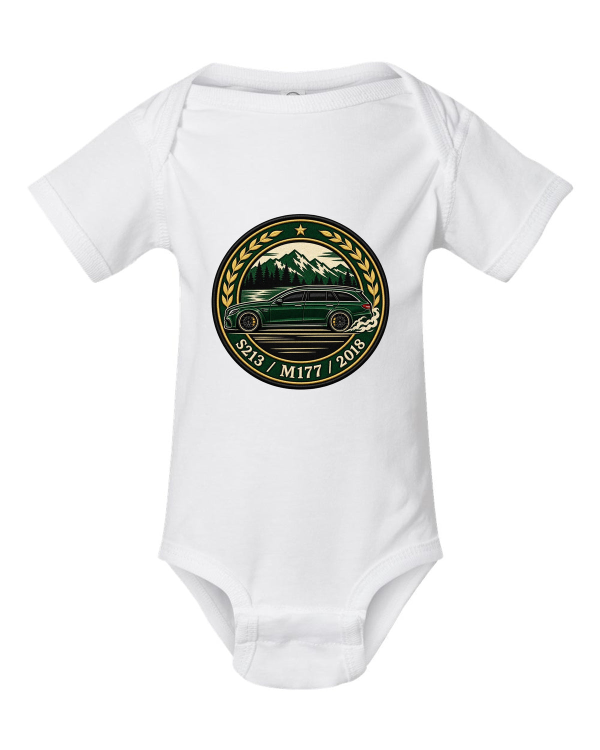 Embroidery-style varsity crest of a Mercedes E63 AMG Wagon S213 with M177 white baby onesie front view with the design