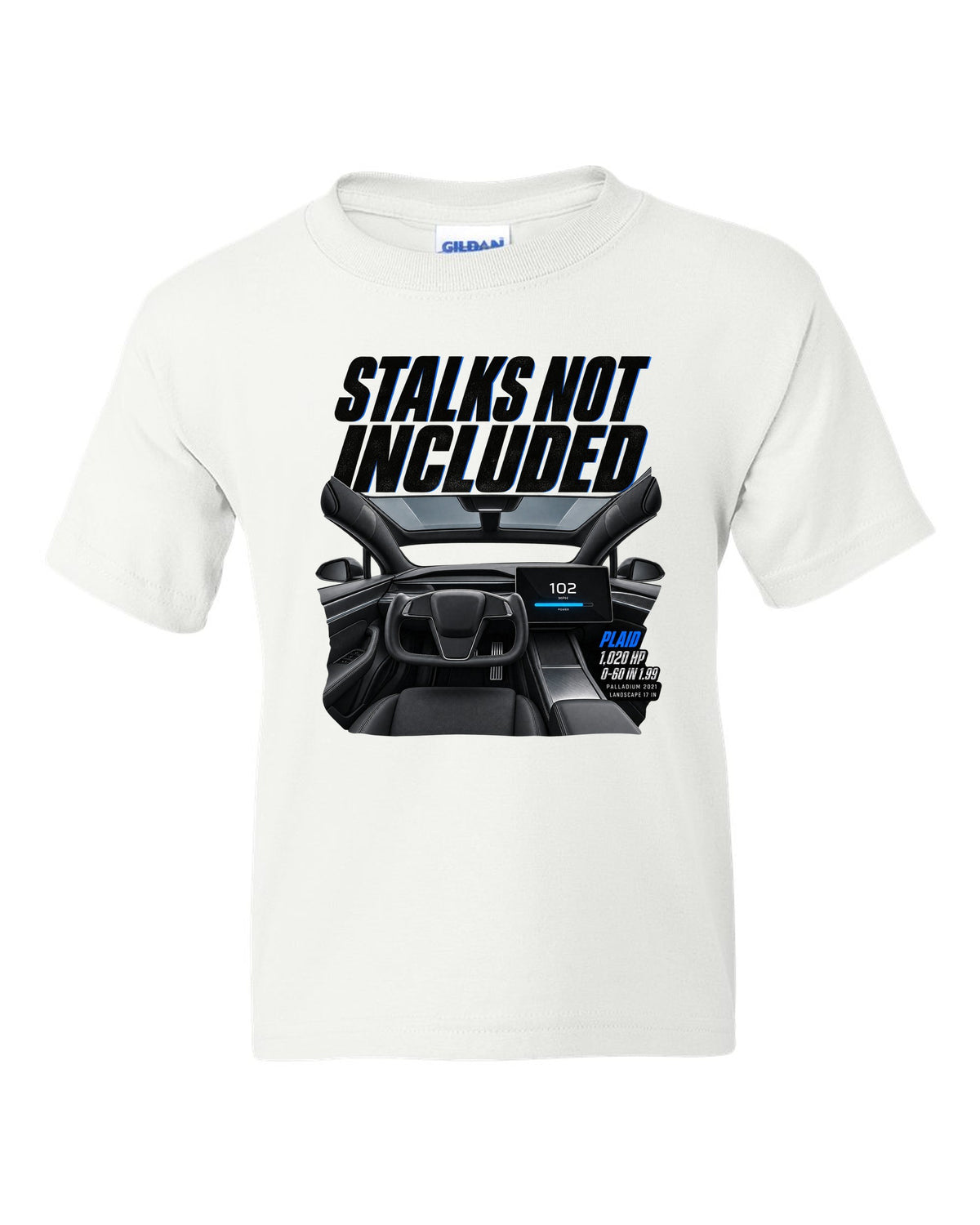 Cockpit print of a 2021 Tesla Model S Plaid Palladium with yoke and landscape screen white kids tee front view with the design