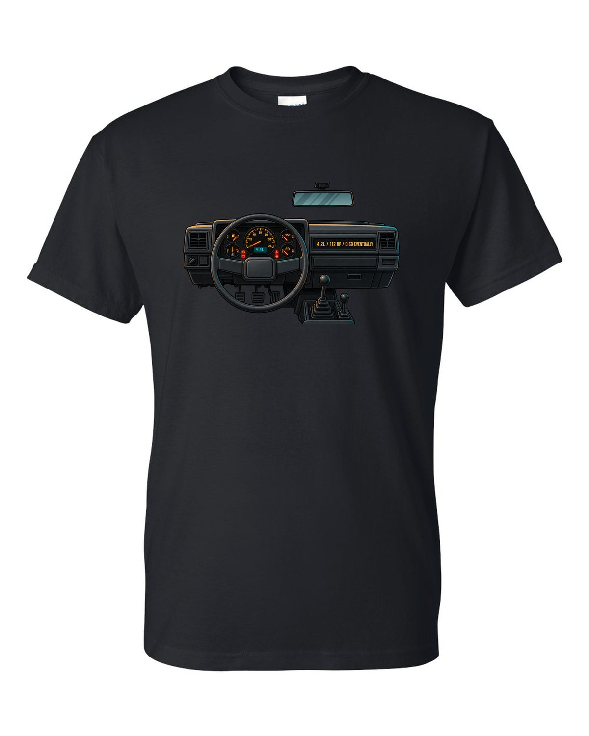Gauge-cluster HUD print of a Jeep Wrangler YJ with 4.2L and 112 HP text black t-shirt front view with the design