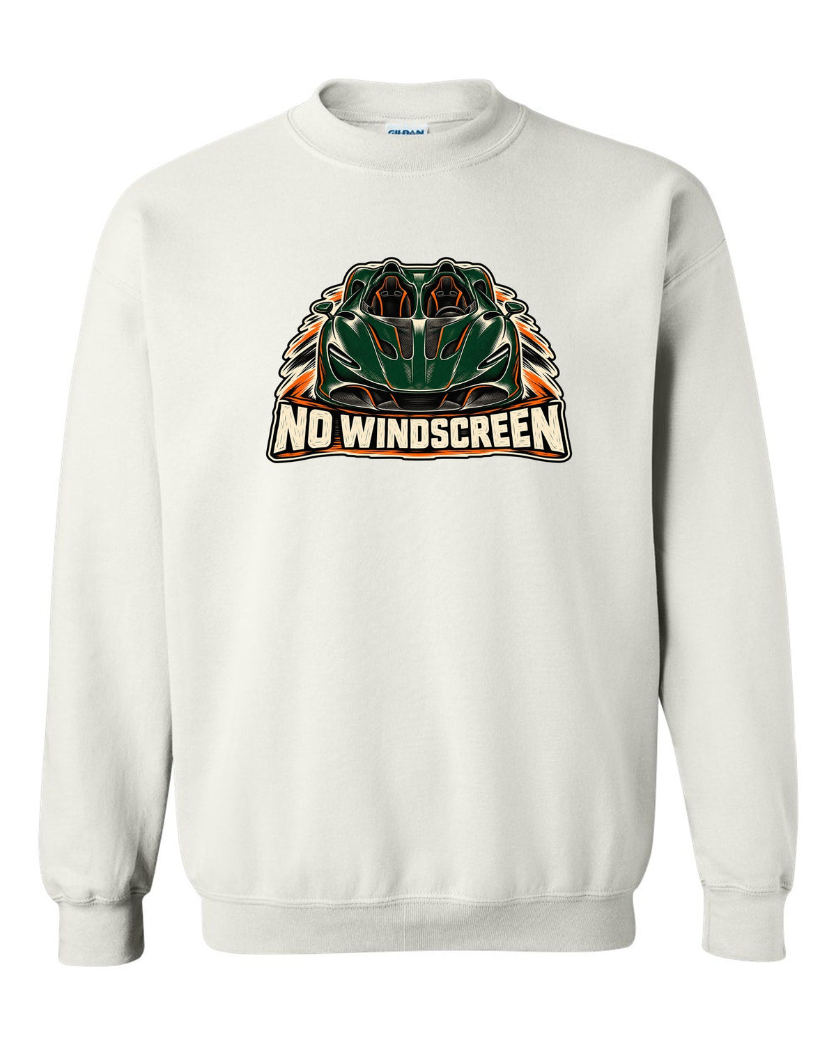 McLaren Elva linocut print with accent colour and NO WINDSCREEN lettering white crewneck front view with the design