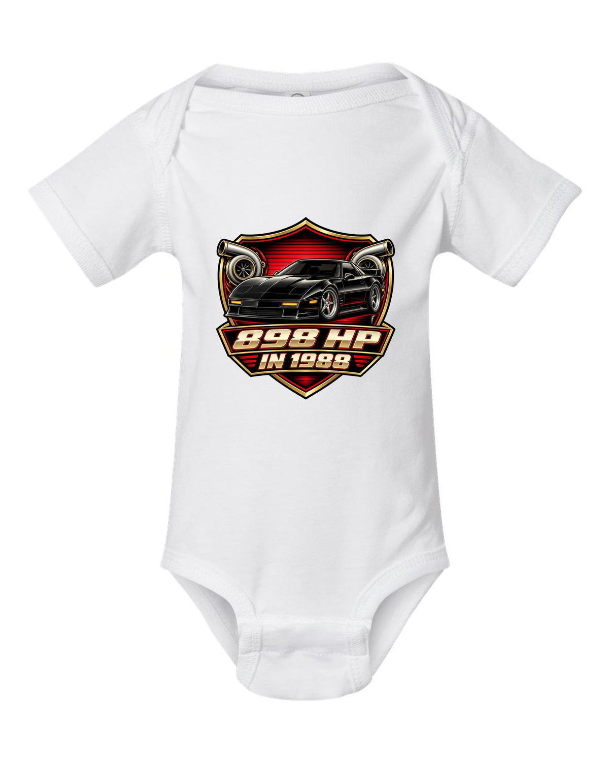 Badge crest design of a 2024 C8 hybrid AWD Corvette with 898 hp lettering white baby onesie front view with the design