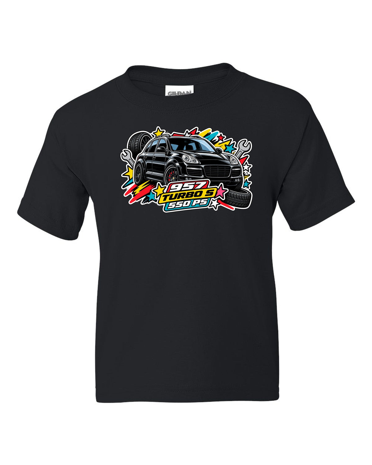 Porsche 991 R patent line art coupe design with 6-speed and 991 built text black kids tee front view with the design