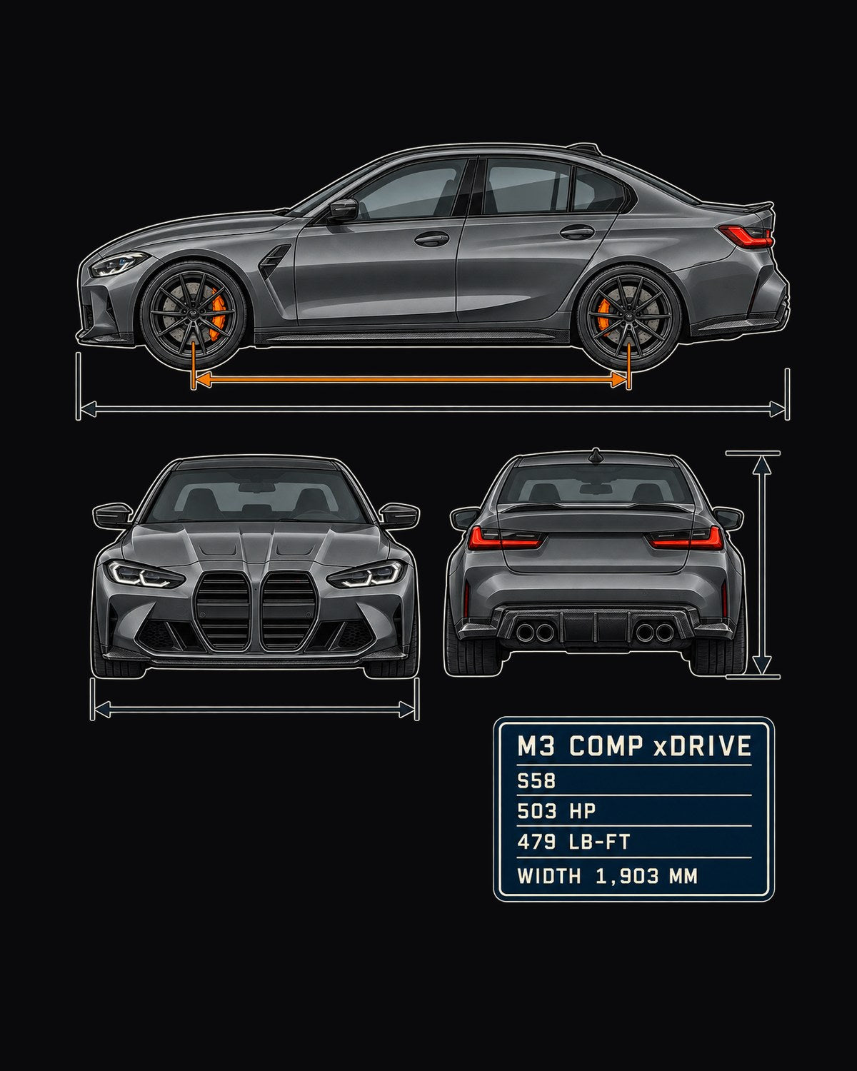 BMW M3 Competition xDrive G80 Three-View Spec Table Shirt design only