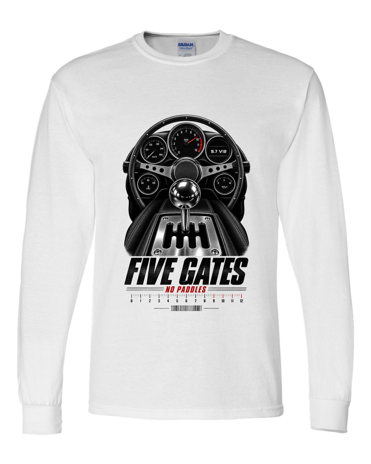 print of a Lamborghini Diablo cockpit with gated five-speed shifter and 5.7 V12 text white long sleeve front view with the design