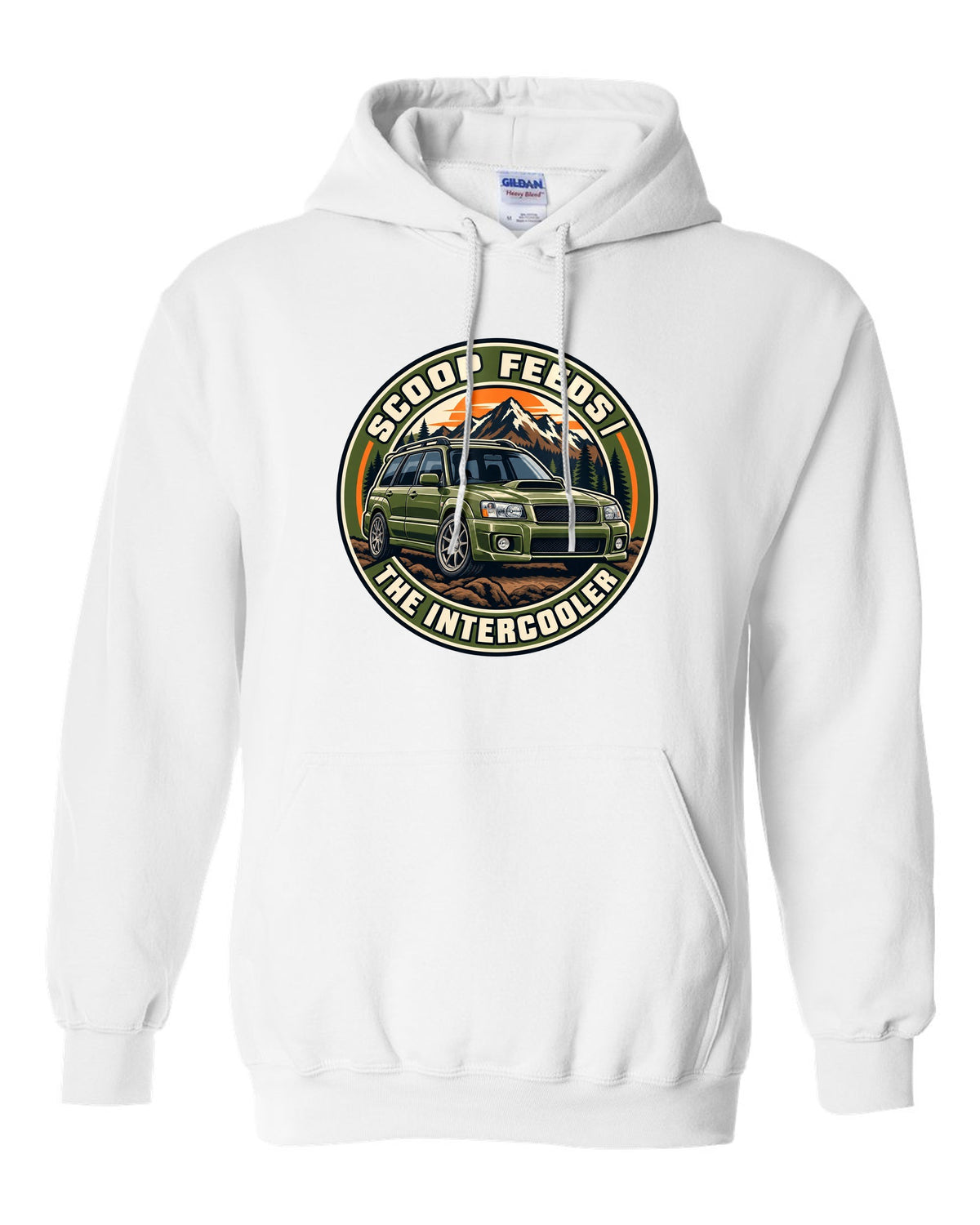 Round embroidered-style crest for a Subaru Forester SG9 about the hood scoop feeding the intercooler white pull over hoodie front view with the design