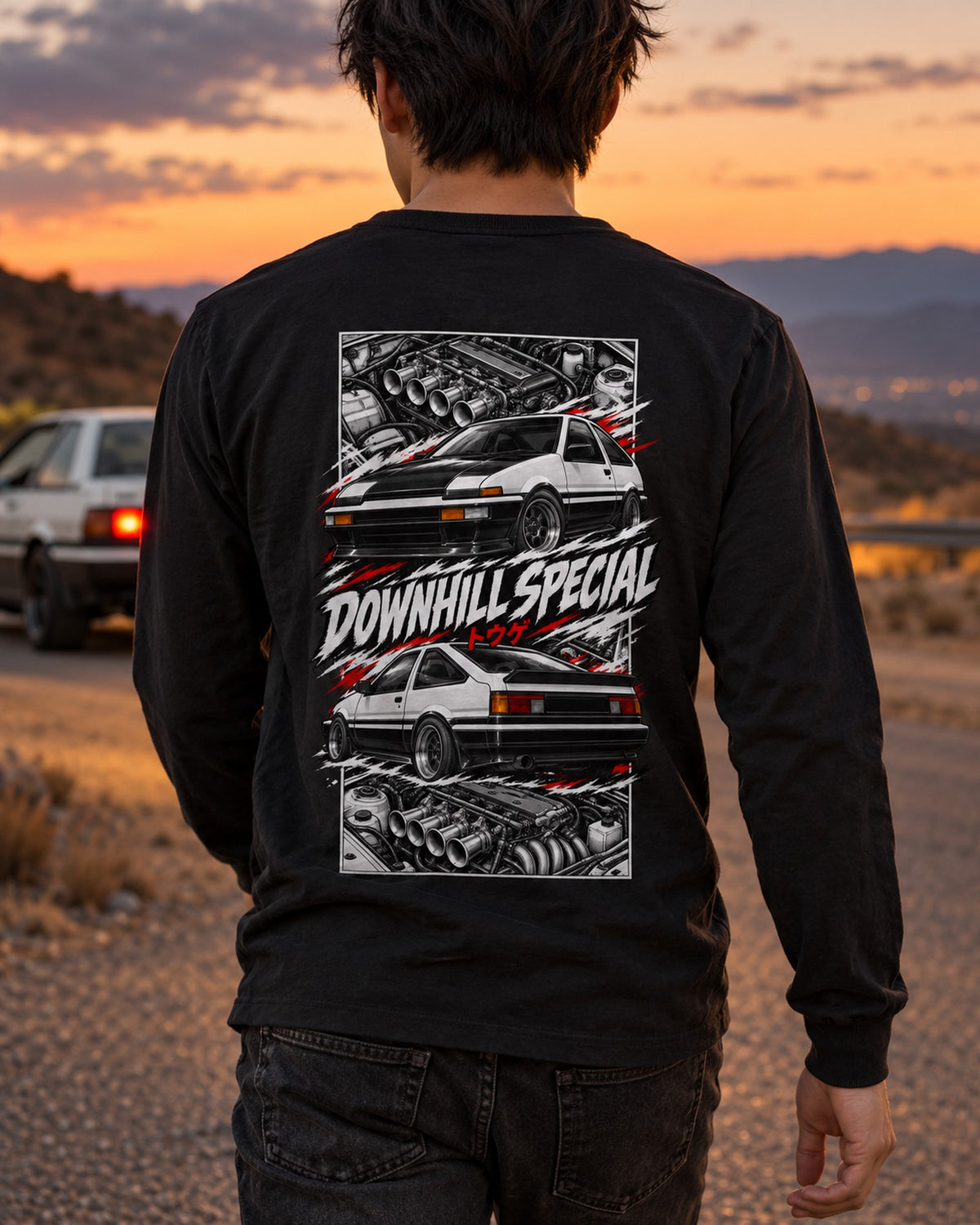 Toyota Ae86 Torn Poster Full-Back Graphic Tee Long Sleeve Black worn hero