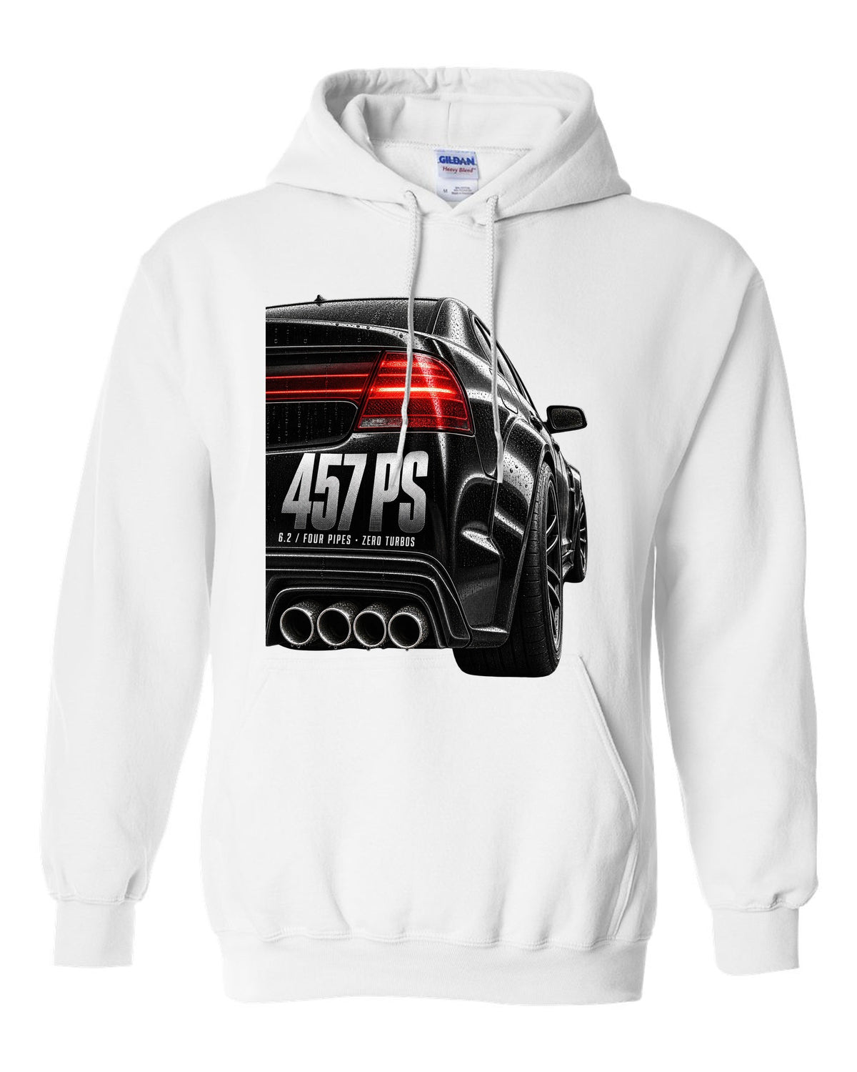 print taillight close-up of a Mercedes W204 C63 sedan with text 457 PS, 6.2, four pipes, zero turbos white pull over hoodie front view with the design