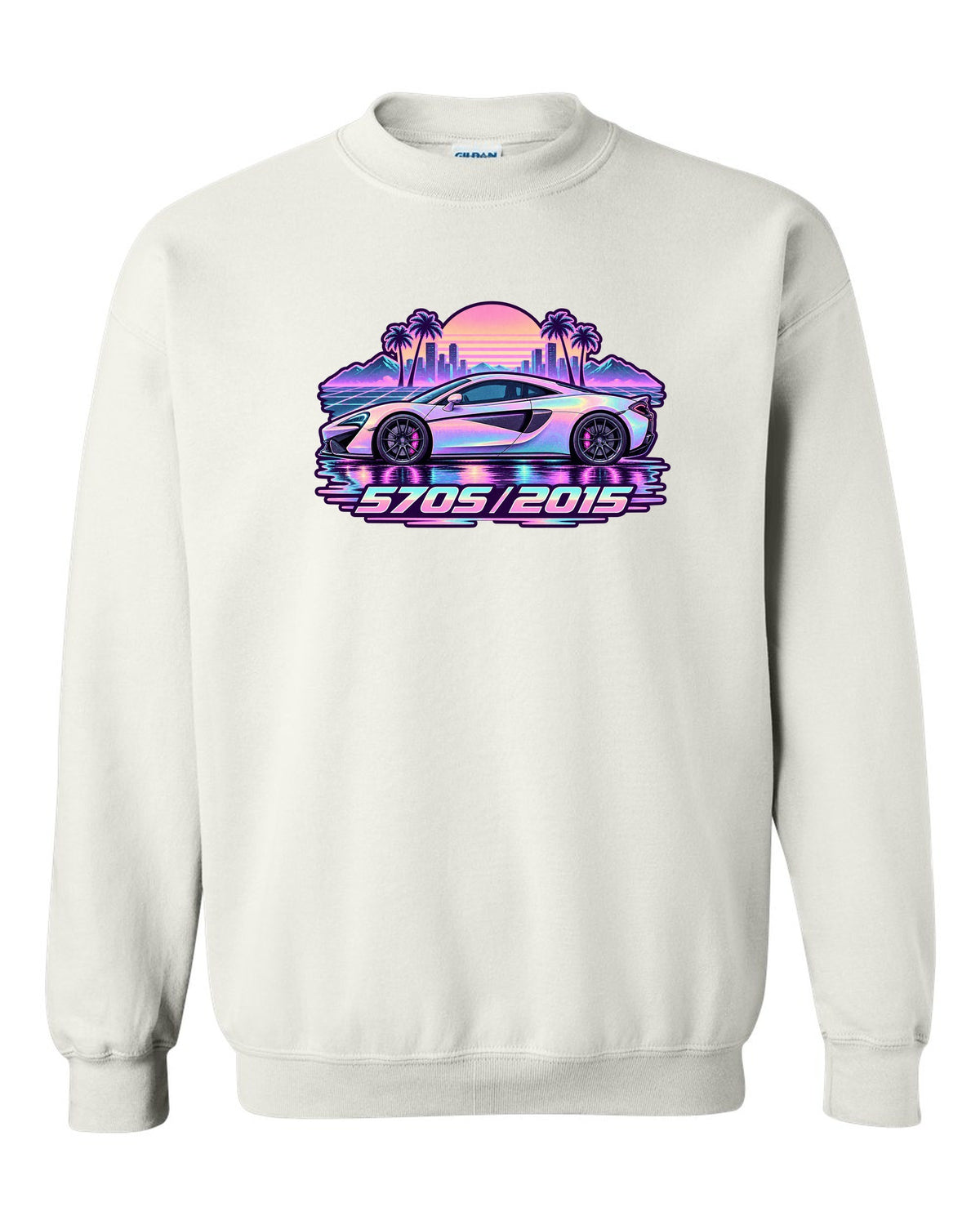 McLaren 570S vaporwave pastel rain print with 570S 2015 lettering white crewneck front view with the design