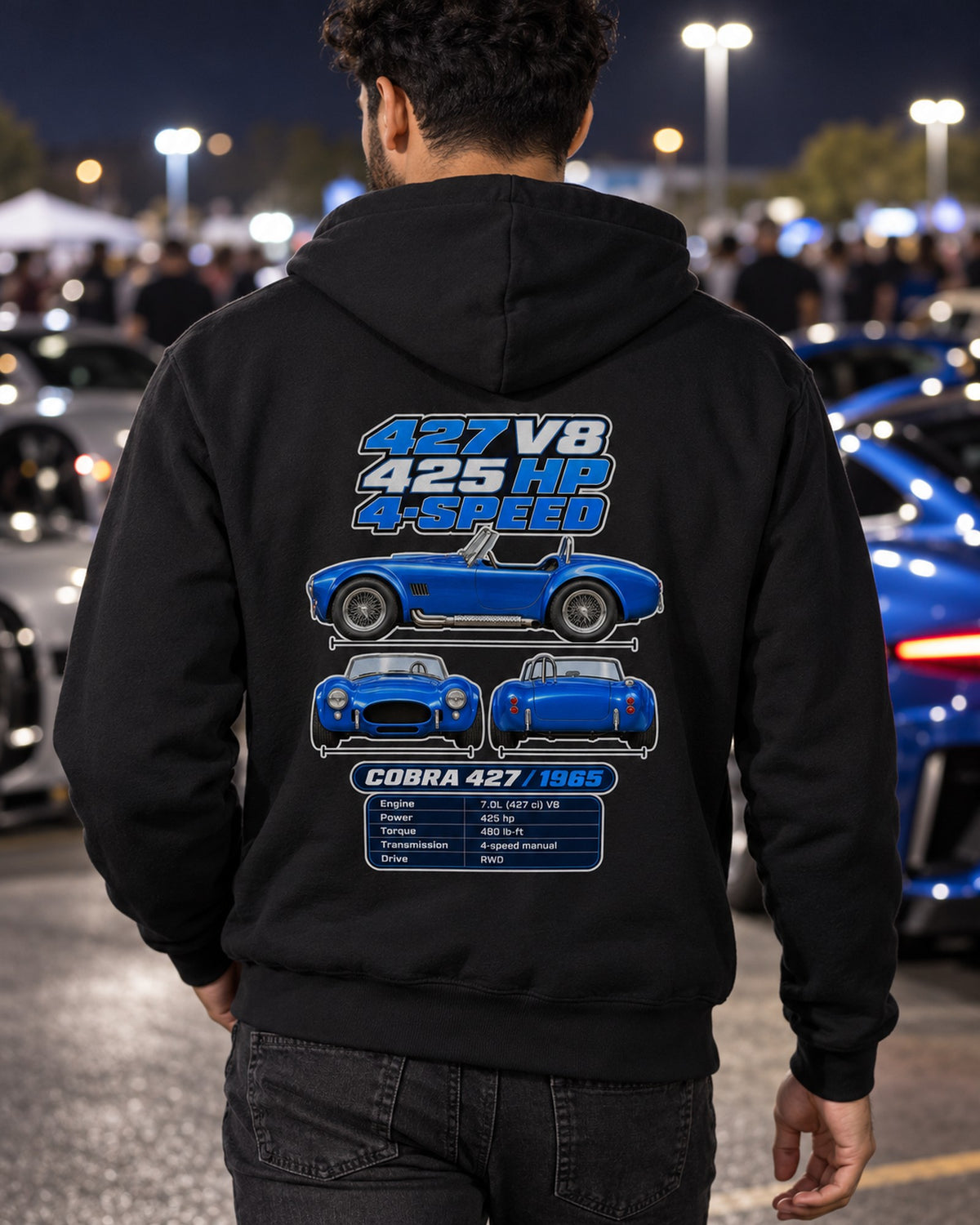 Shelby Cobra 427 Spec Sheet Full-Back Graphic Tee Zip Hoodie Black worn hero