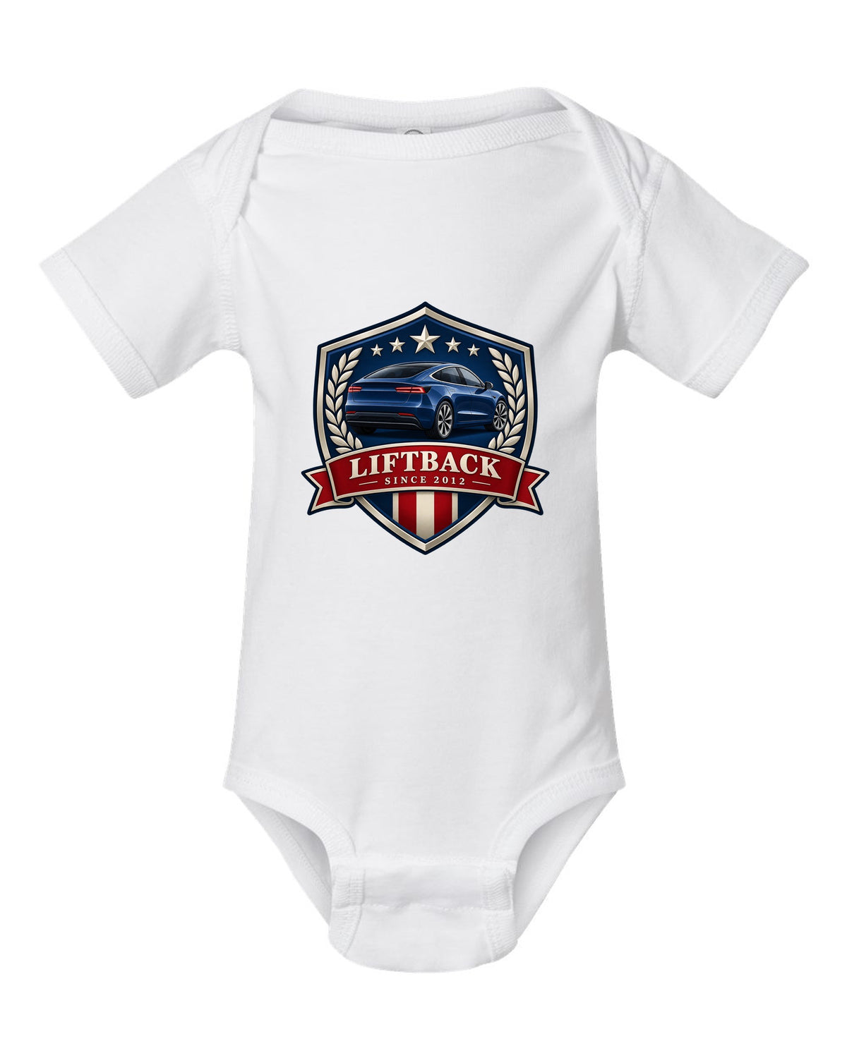 Original shield crest design of a 2021 Tesla Model S Plaid with the words Liftback Since 2012 white baby onesie front view with the design