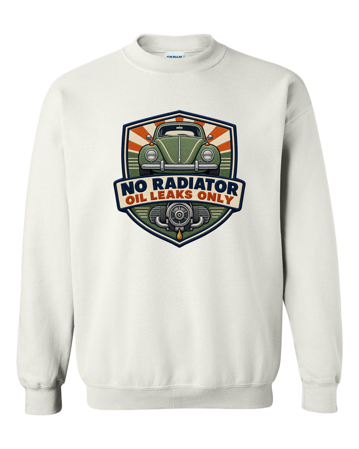 Shield crest for the VW Beetle Type 1 1303 reading no radiator, oil leaks only white crewneck front view with the design