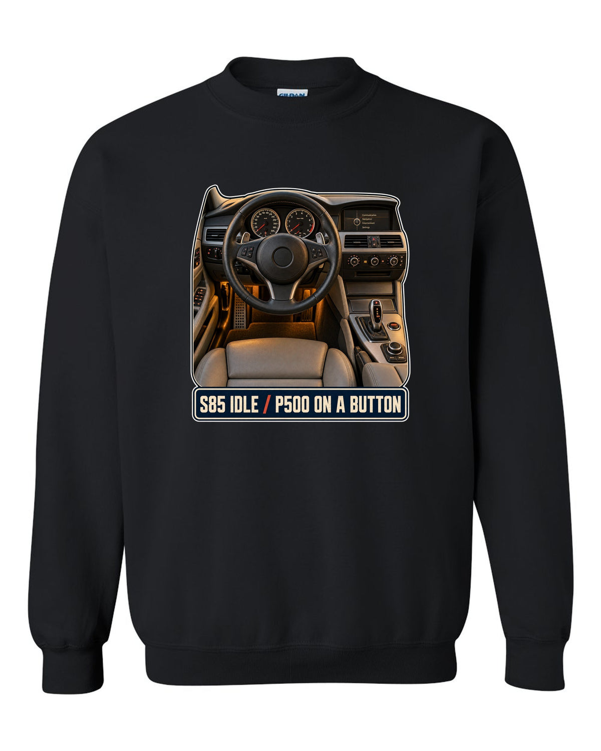 BMW M5 E60 interior cockpit and gauge print black crewneck front view with the design