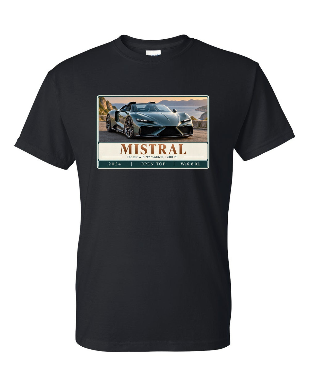 Bugatti Mistral roadster editorial headline print about the last W16 black t-shirt front view with the design