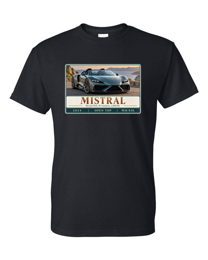 Bugatti Mistral roadster editorial headline print about the last W16 black t-shirt front view with the design