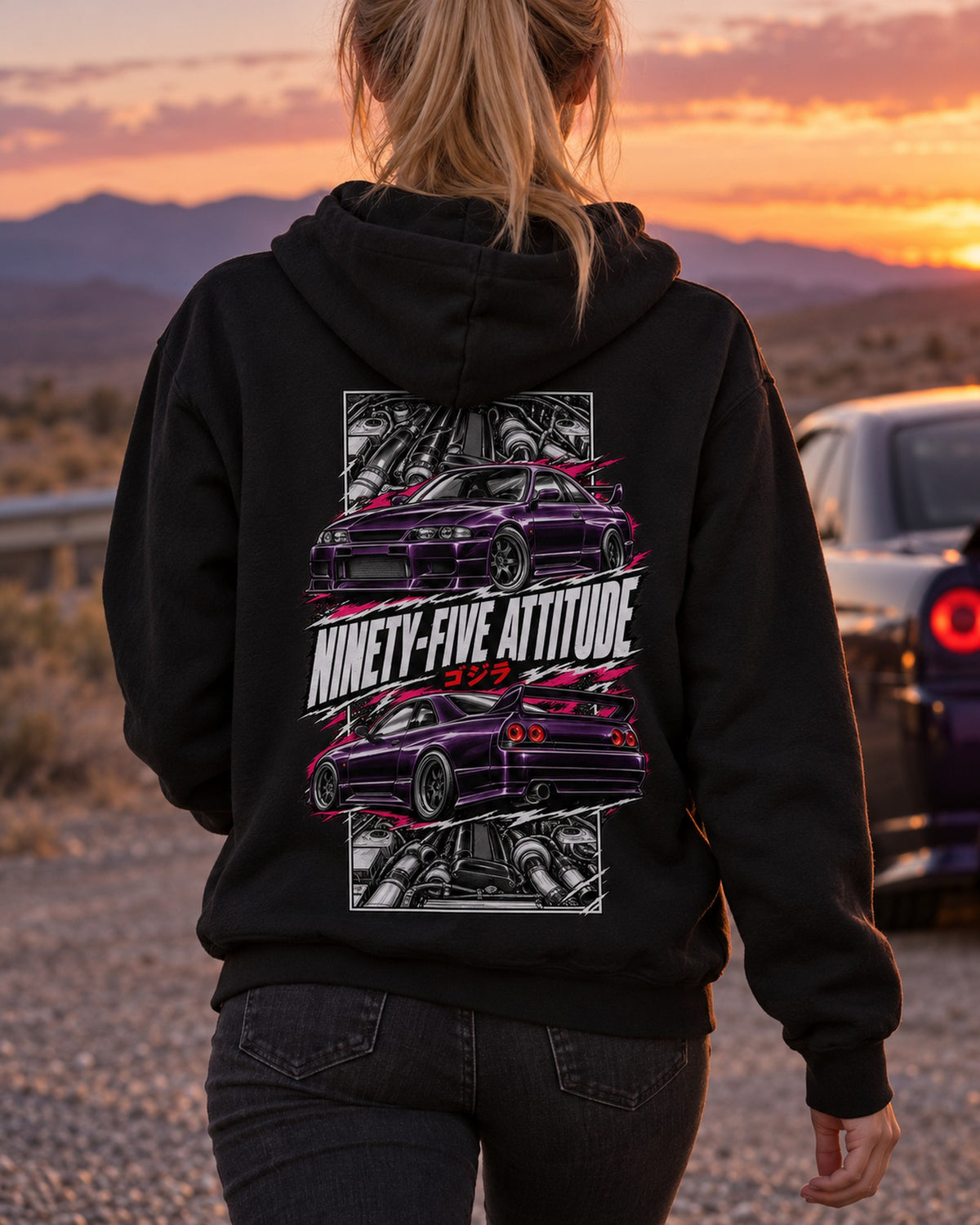 Nissan Skyline GT-R R33 Torn Poster Full-Back Graphic Tee Pull Over Hoodie Black worn hero