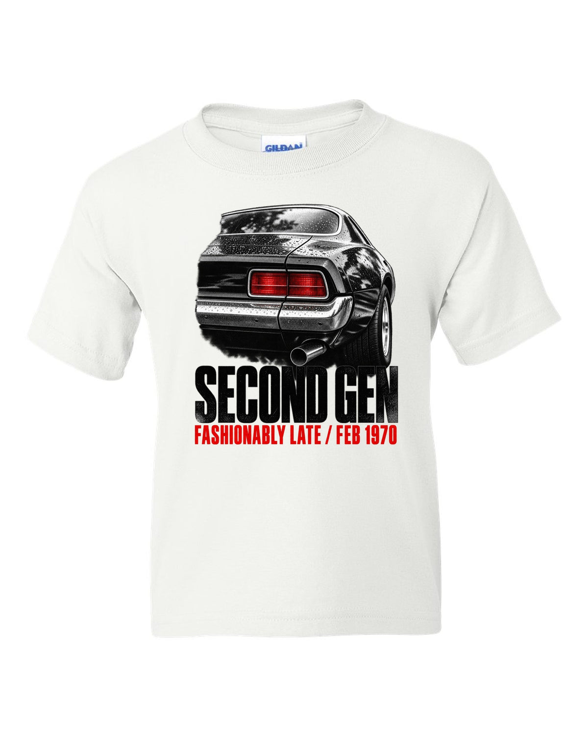 Taillight macro print of a 1970 second-gen Chevrolet Camaro split bumper with Feb 1970 caption white kids tee front view with the design