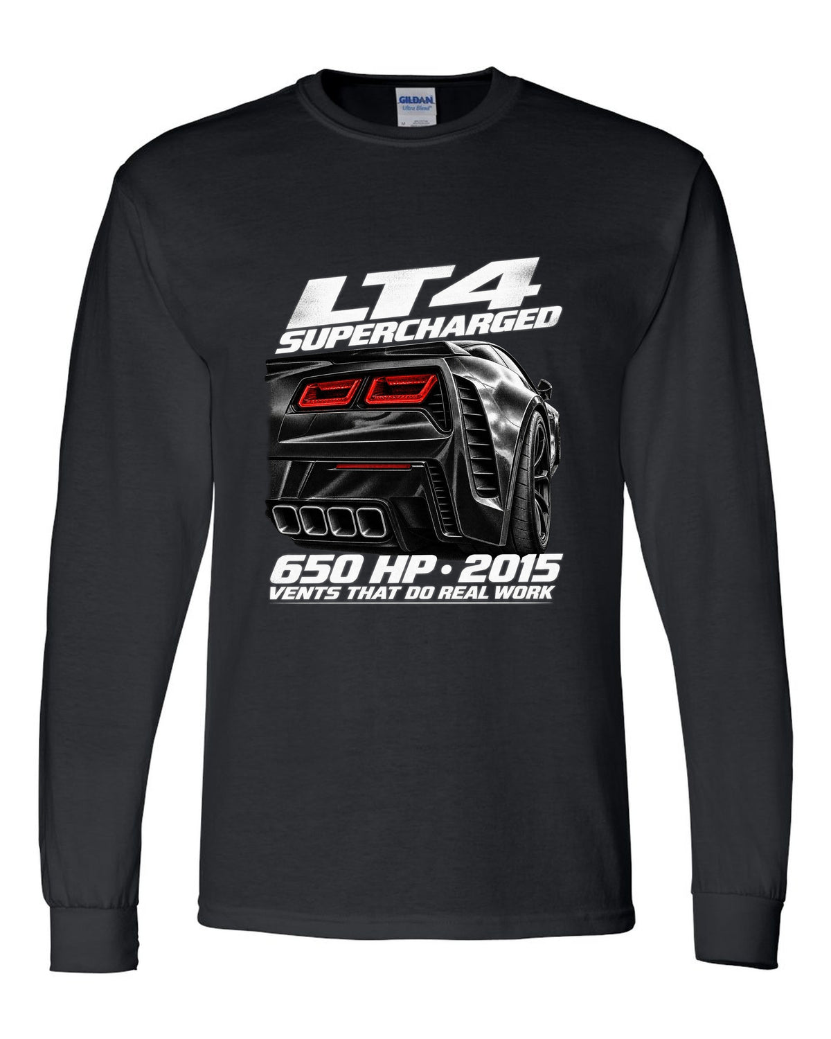 Corvette C7 Z06 rear vents close-up with LT4 650 HP text black long sleeve front view with the design