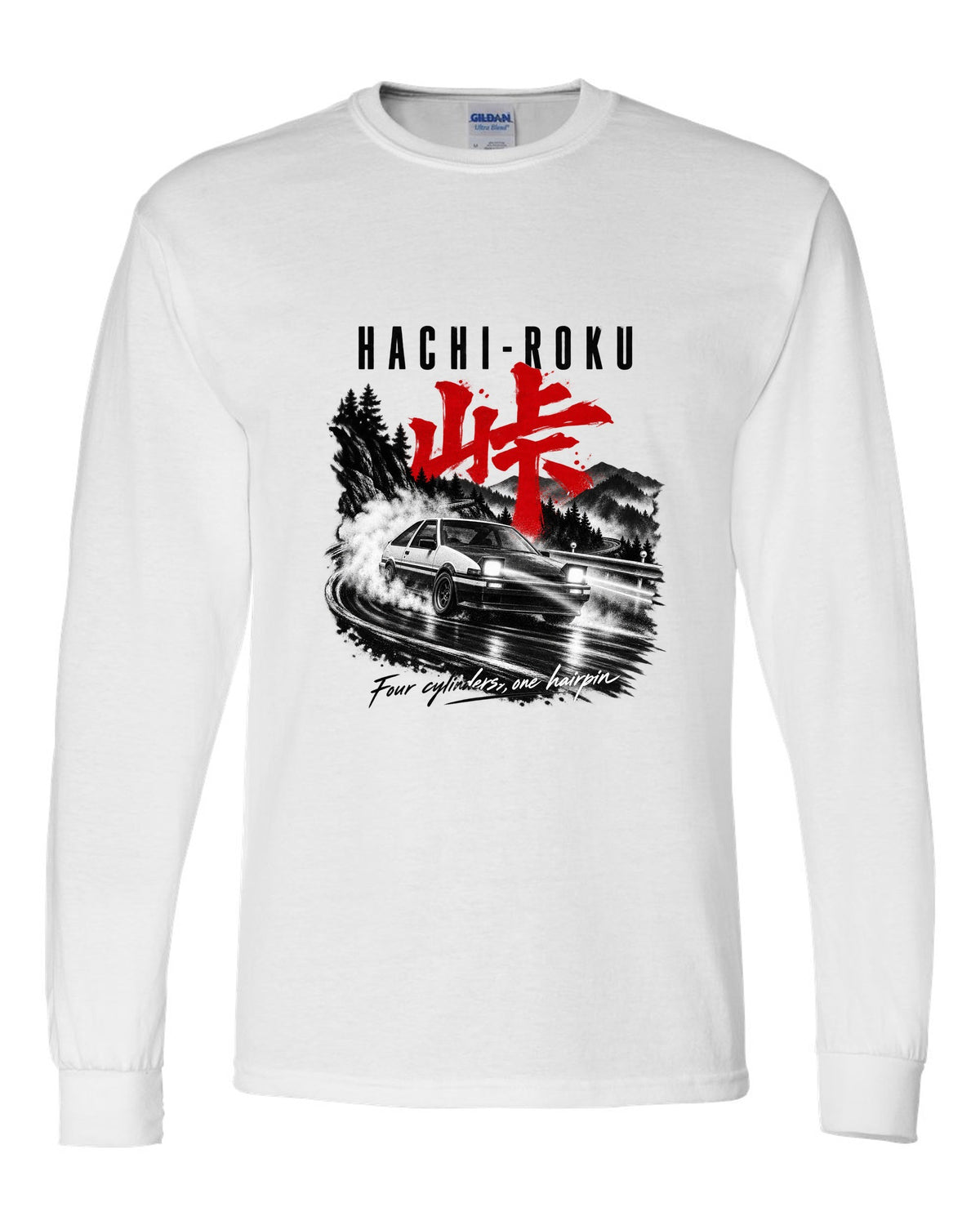 print of a Toyota AE86 Sprinter Trueno on a night touge with Hachi-Roku lettering and a hairpin bend white long sleeve front view with the design