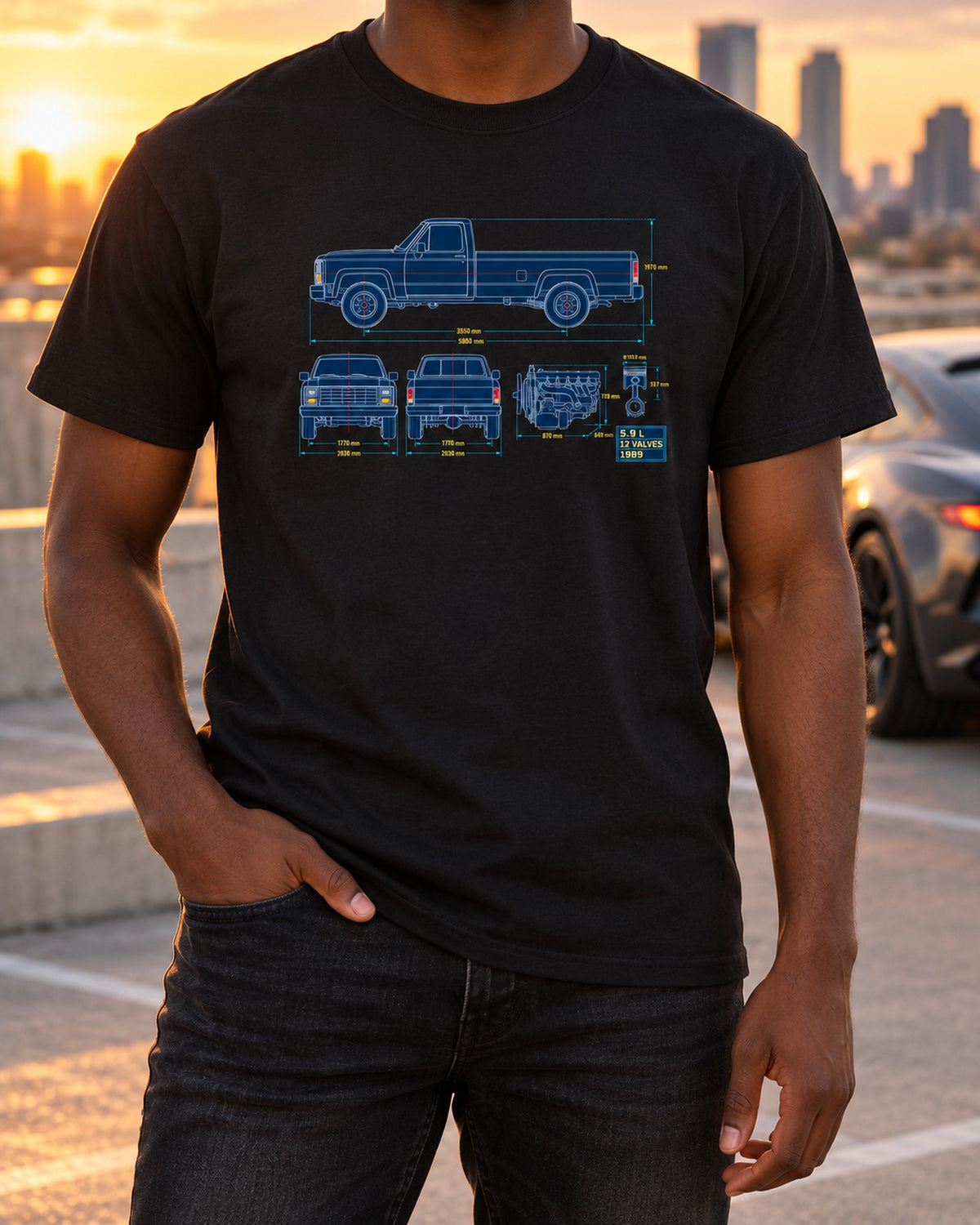 Dodge Ram D250 Cummins 5.9 L Blueprint Shirt, 1989-1993 T-Shirt Black worn hero