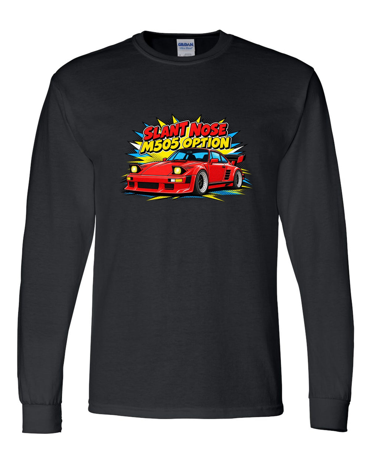 Porsche 930 Slant Nose pop-art halftone design with M505 option lettering black long sleeve front view with the design