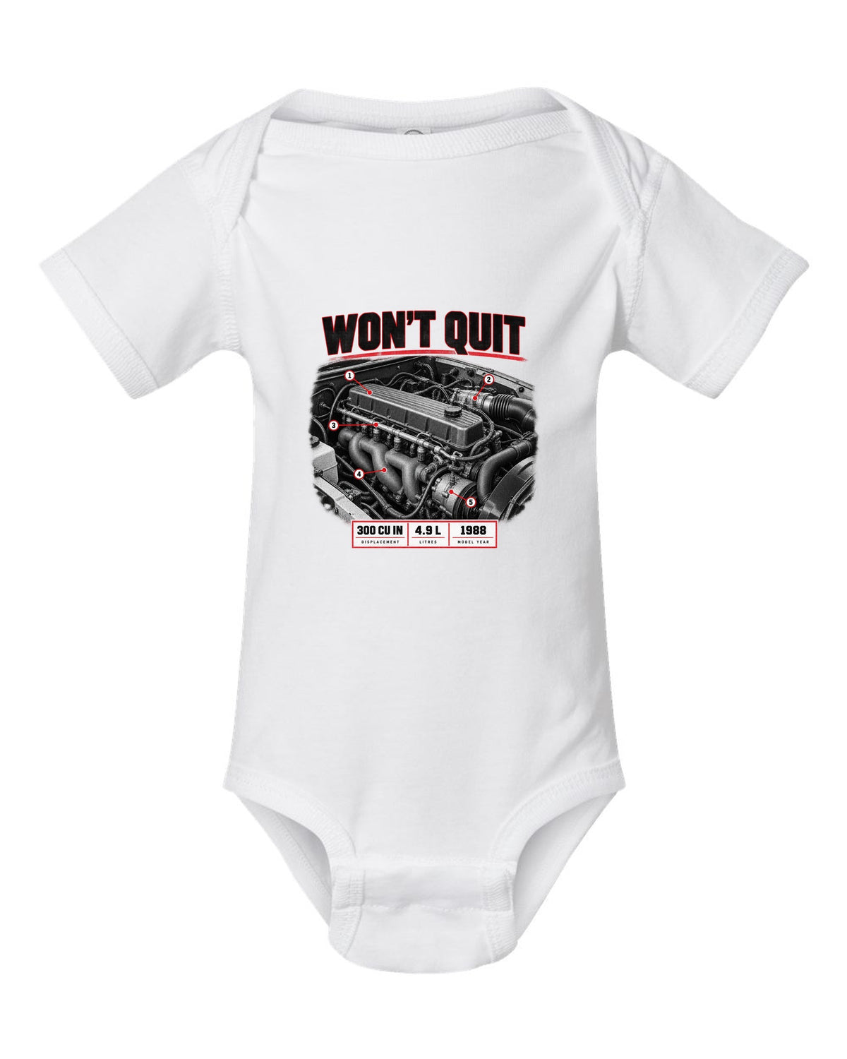 Engine print of a 1987-91 Ford F-150 Brick-Nose 4.9 inline six with 300 cu in text white baby onesie front view with the design