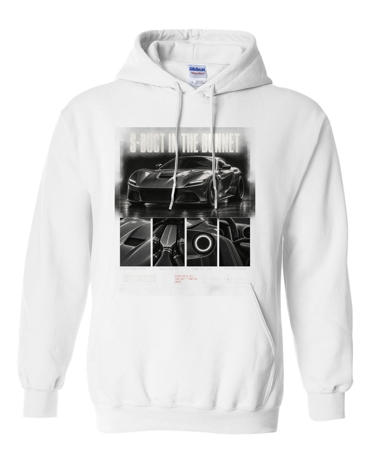 Dossier panel print of a Ferrari F8 Tributo with S-duct in the bonnet and 720 PS text white pull over hoodie front view with the design