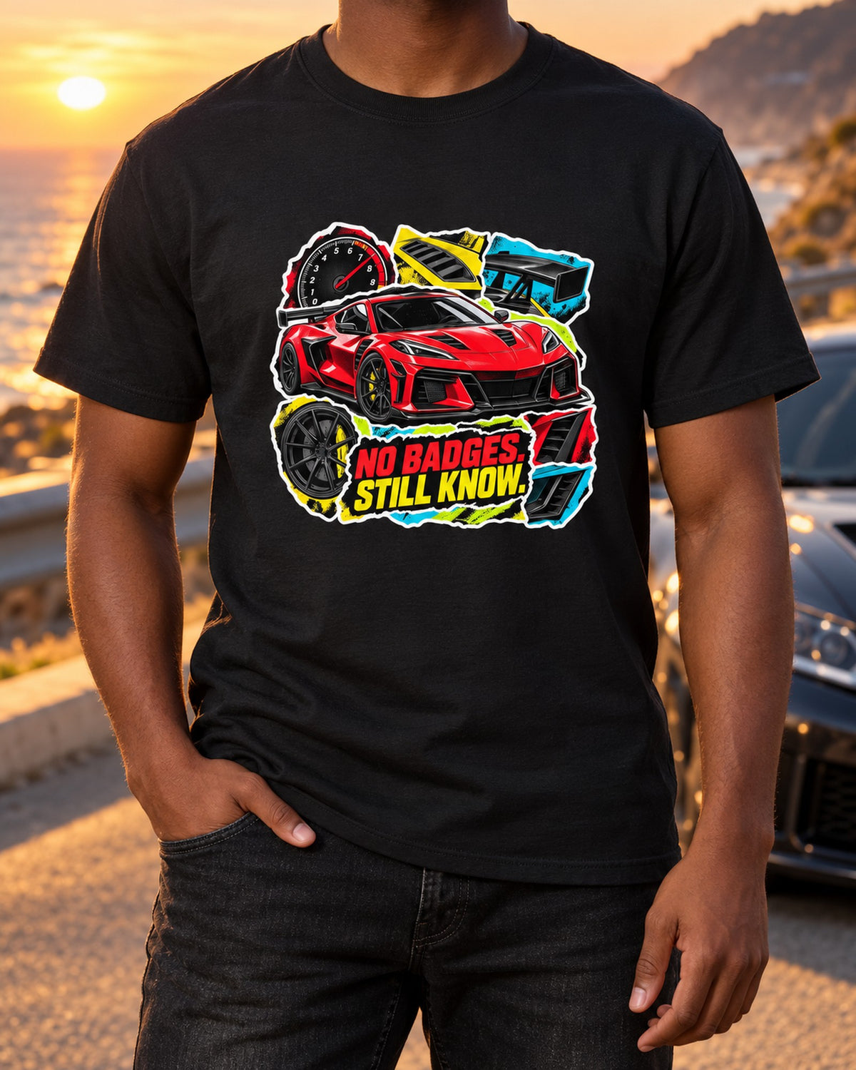 Chevrolet Corvette C8 ZR1 Sticker Bomb print Tee T-Shirt Black worn hero