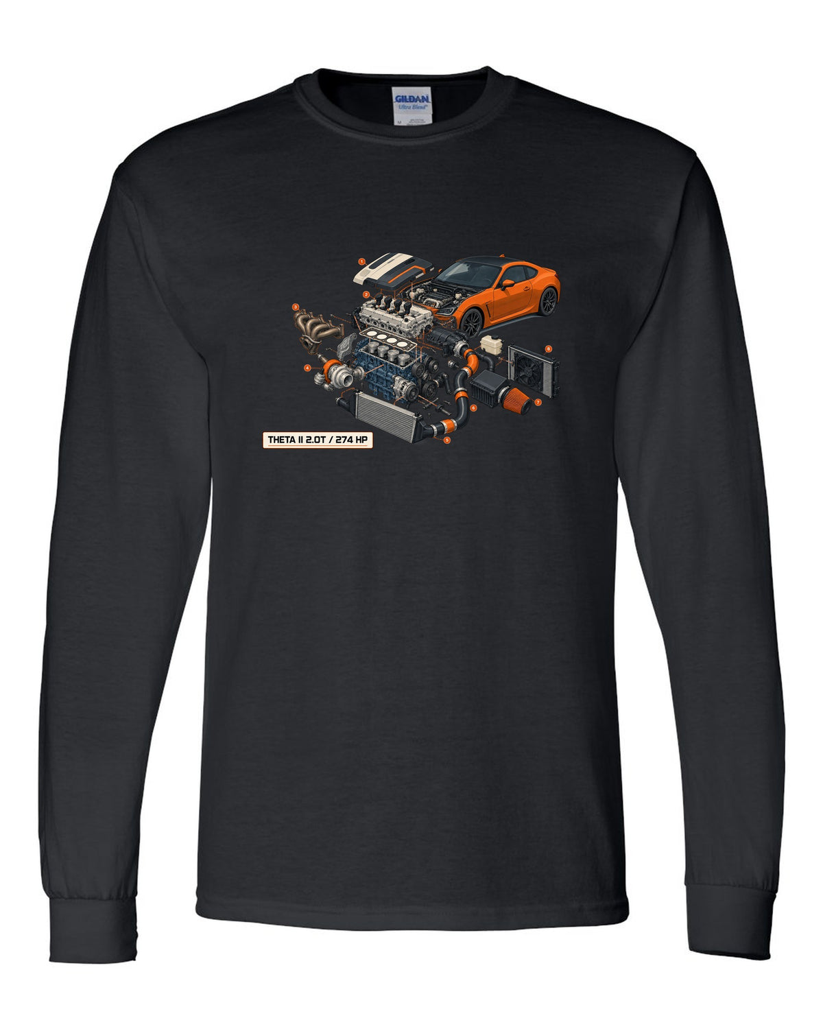 Hyundai Genesis Coupe BK2 isometric exploded cutaway print with Theta II 2.0T and 274 HP black long sleeve front view with the design