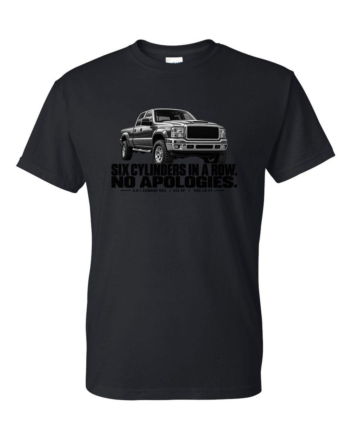 Halftone print of a 2003-09 Dodge Ram 2500 3rd gen in a front three-quarter view black t-shirt front view with the design