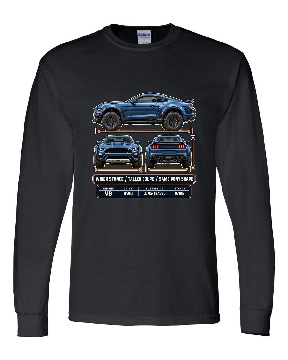 print of a Mustang Raptor concept three-view drawing with spec table and pony shape text black long sleeve front view with the design
