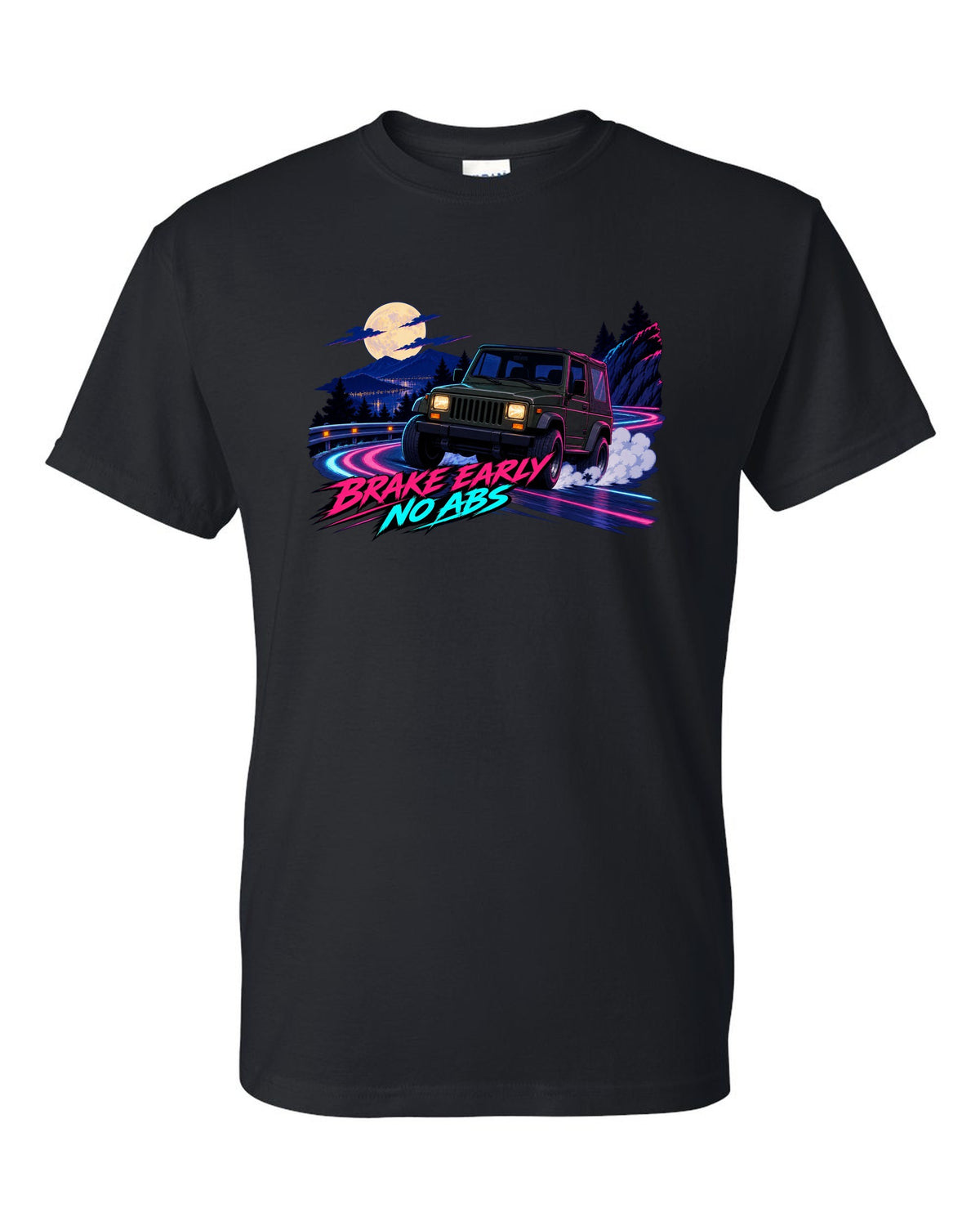 Cel-shaded anime night touge print of a Jeep Wrangler YJ with no ABS text black t-shirt front view with the design
