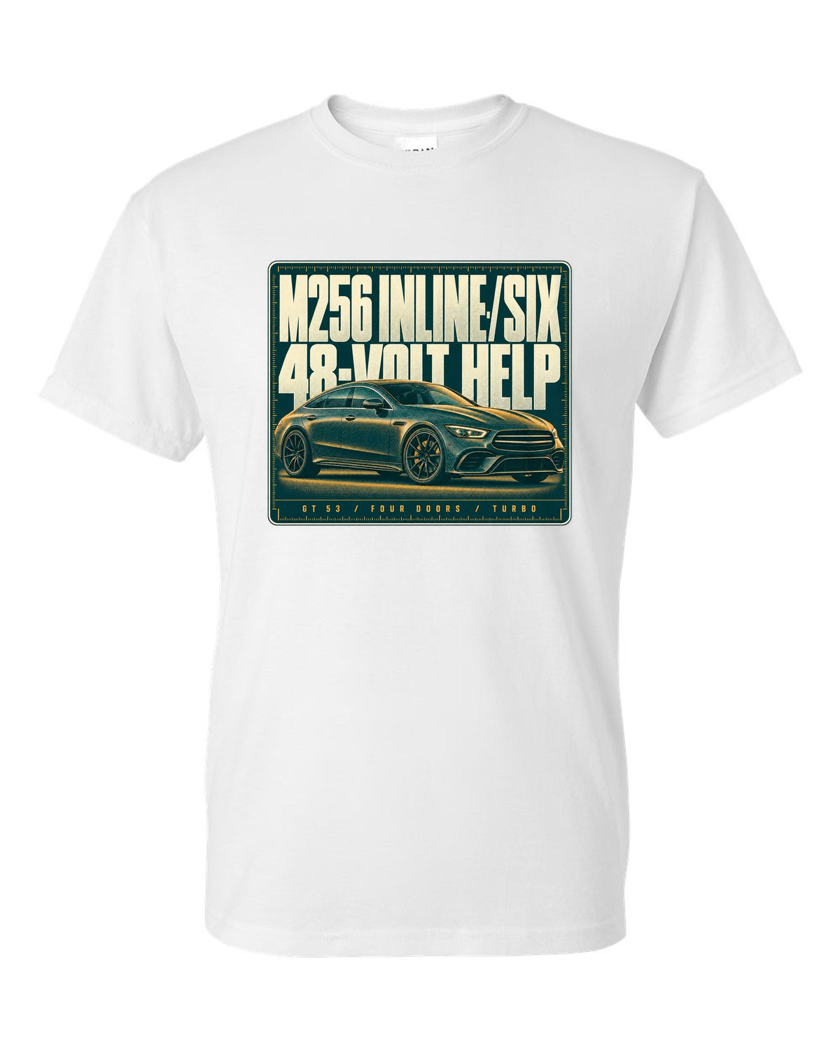 Mercedes-AMG GT 53 4-Door X290 teal and amber halftone print white t-shirt front view with the design