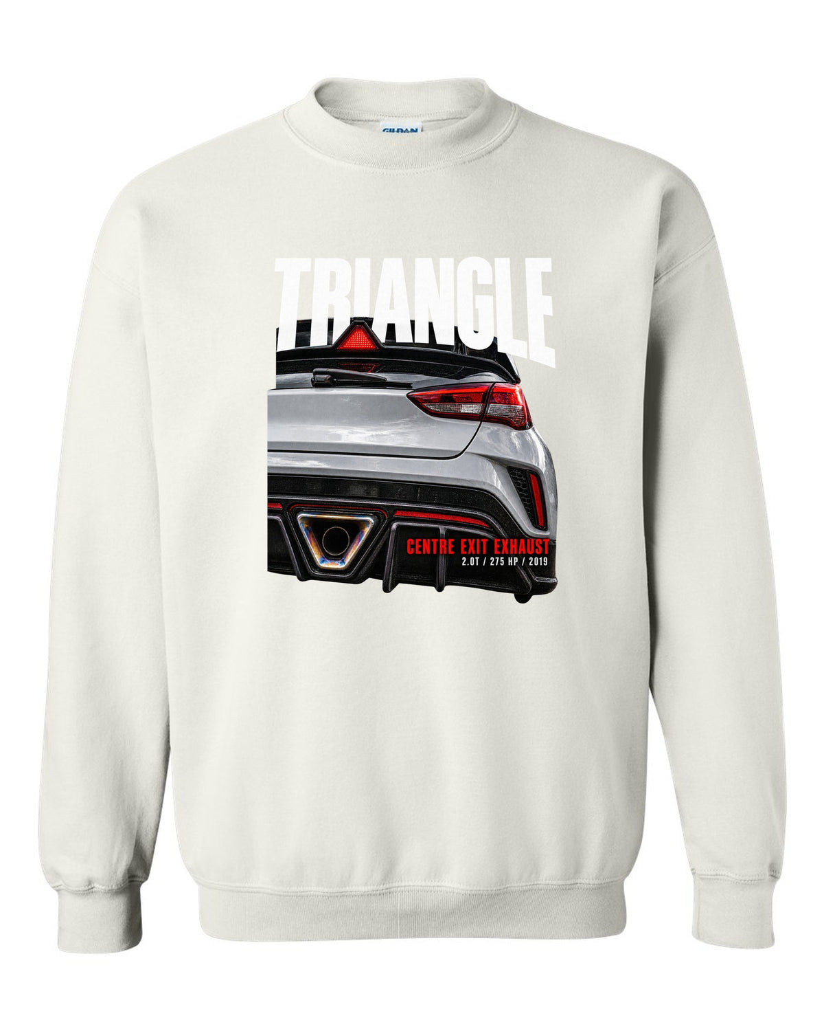 Rear macro of Hyundai Veloster N JS showing triangle and centre exit exhaust white crewneck front view with the design