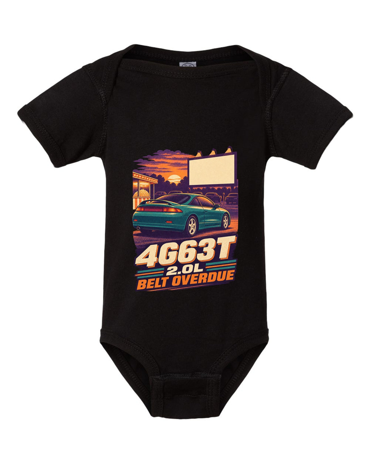 Vintage race-poster lithograph print of a Mitsubishi Eclipse 2G with 4G63T 2.0L belt overdue lettering black baby onesie front view with the design