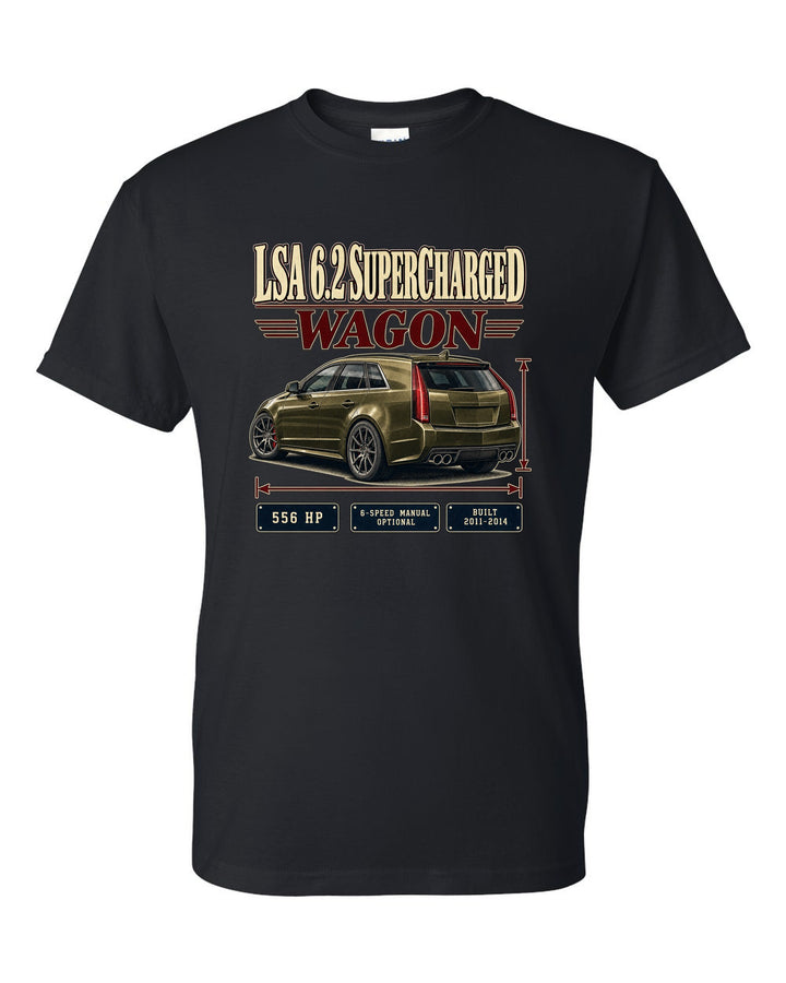 Archive panel print of a 2011-14 Cadillac CTS-V Sport Wagon black t-shirt front view with the design