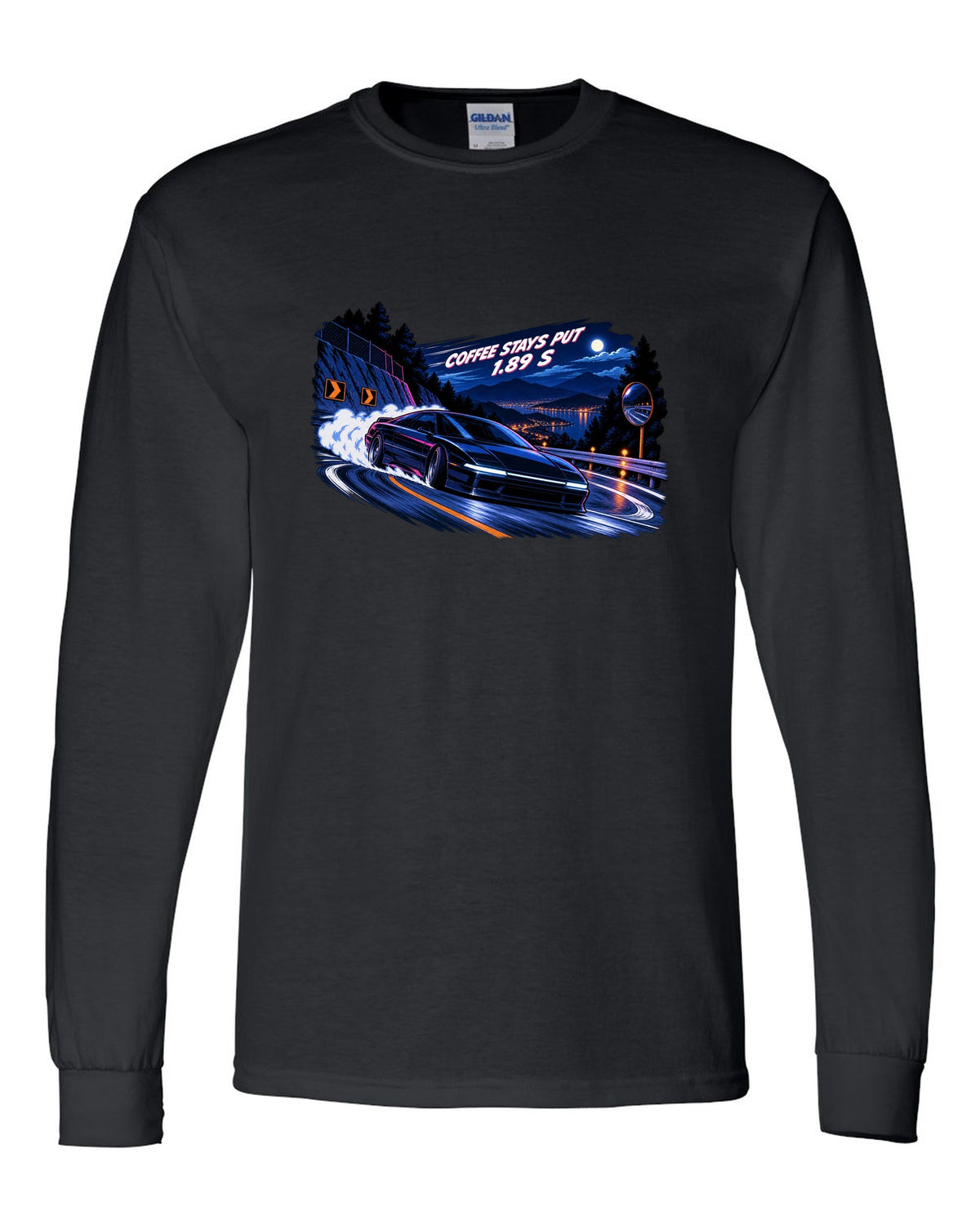 Lucid Air Sapphire cel-shaded 90s anime night touge print with the text coffee stays put 1.89 s black long sleeve front view with the design