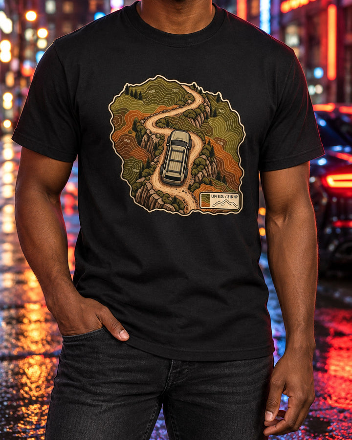 Hummer H2 Topographic Trail Map Shirt, LQ4 6.0L Car Guy Gift T-Shirt Black worn hero