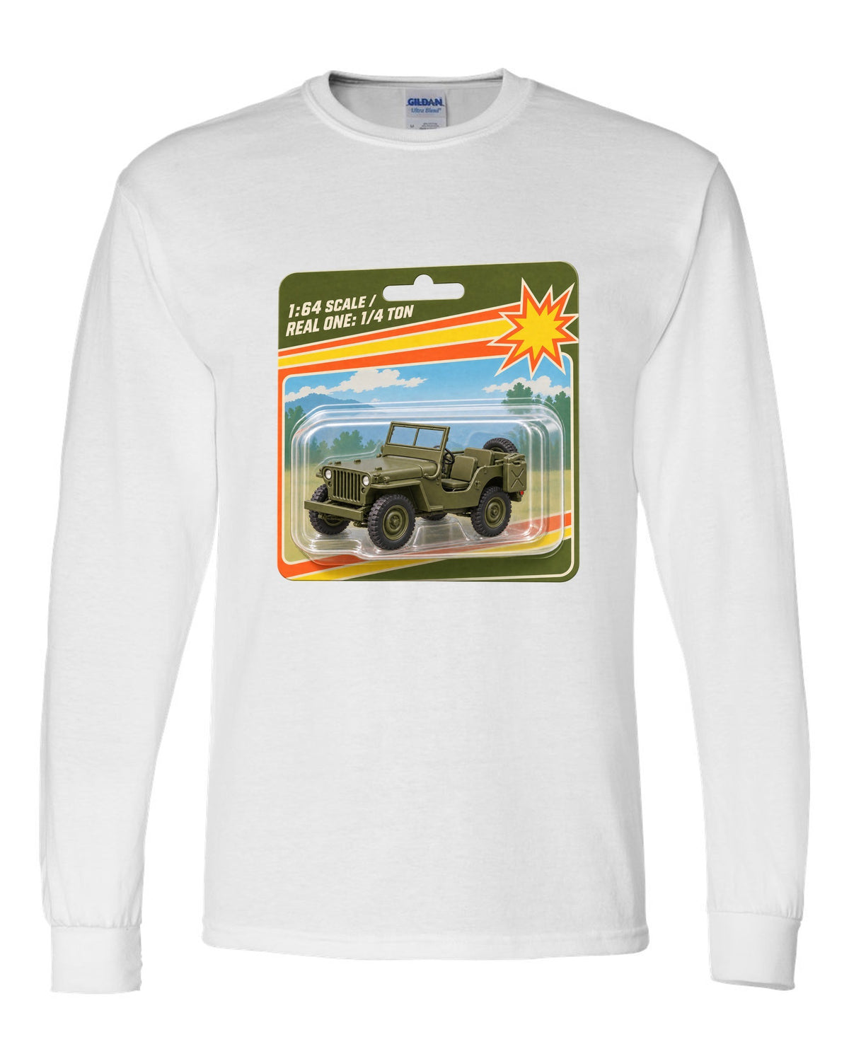 Toy blister card style print of a Willys MB with 1:64 scale text white long sleeve front view with the design