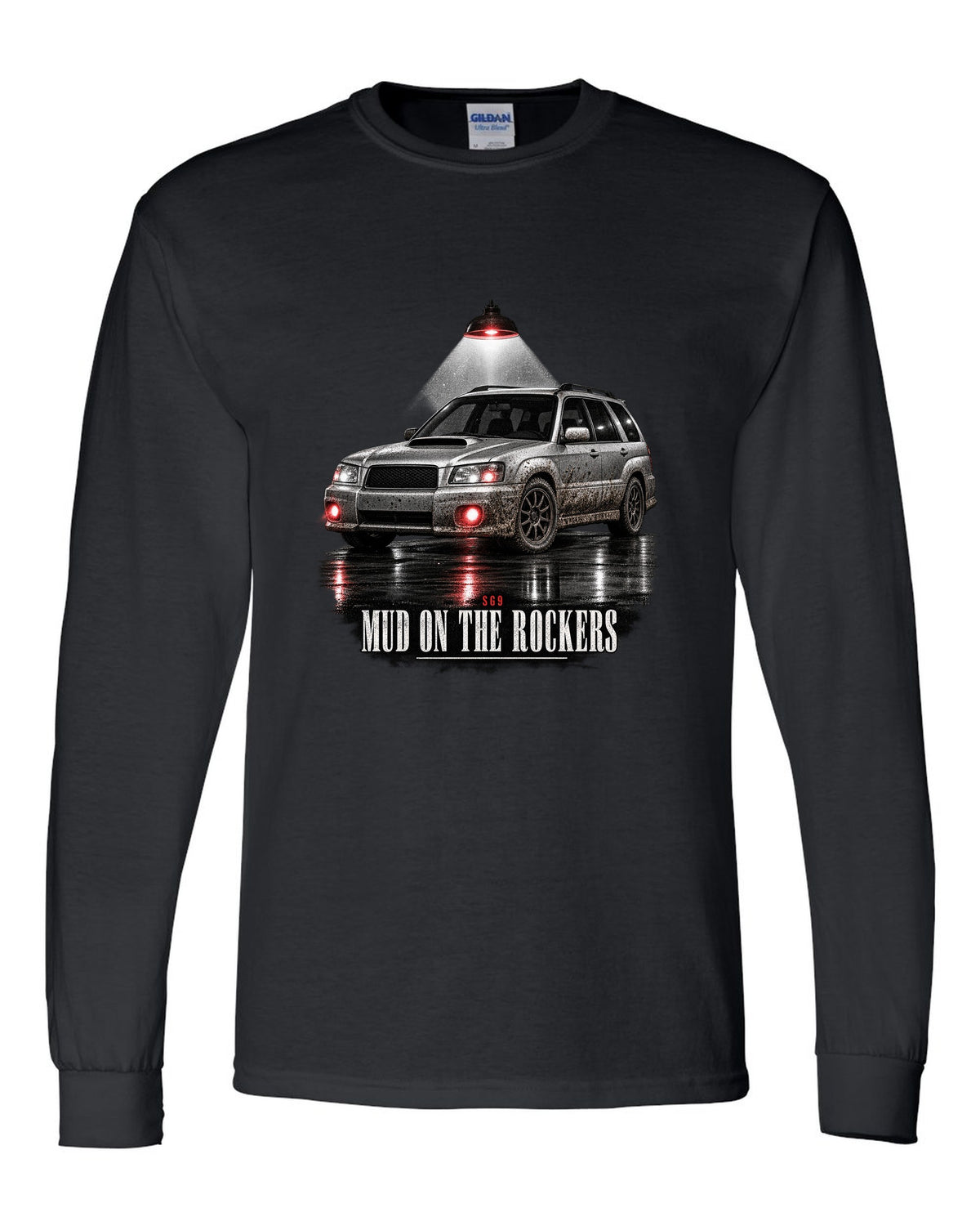 Garage night print for the Subaru Forester SG9 reading Mud on the Rockers black long sleeve front view with the design