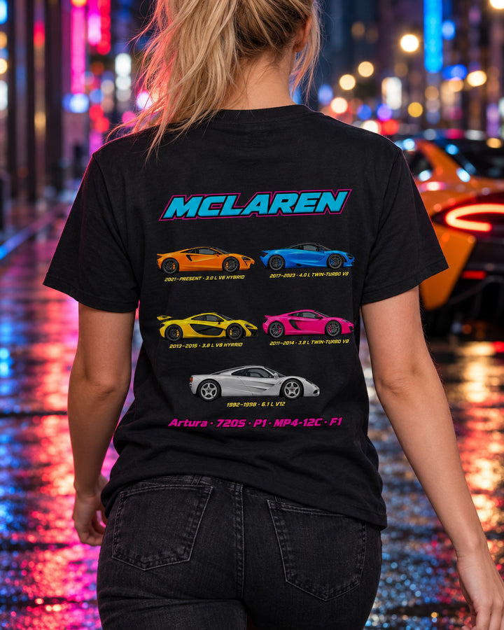 Mclaren Supercars Evolution Poster Full-Back Graphic Tee T-Shirt Black worn hero