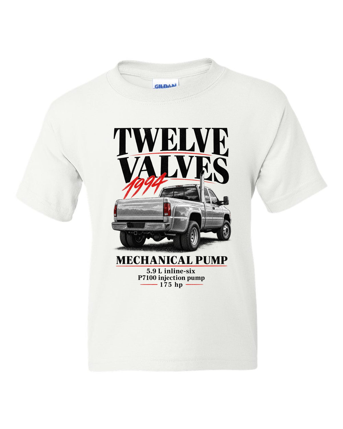 Editorial print of a 1994-98 Dodge Ram 2500 2nd gen 12-valve in a rear three-quarter view white kids tee front view with the design