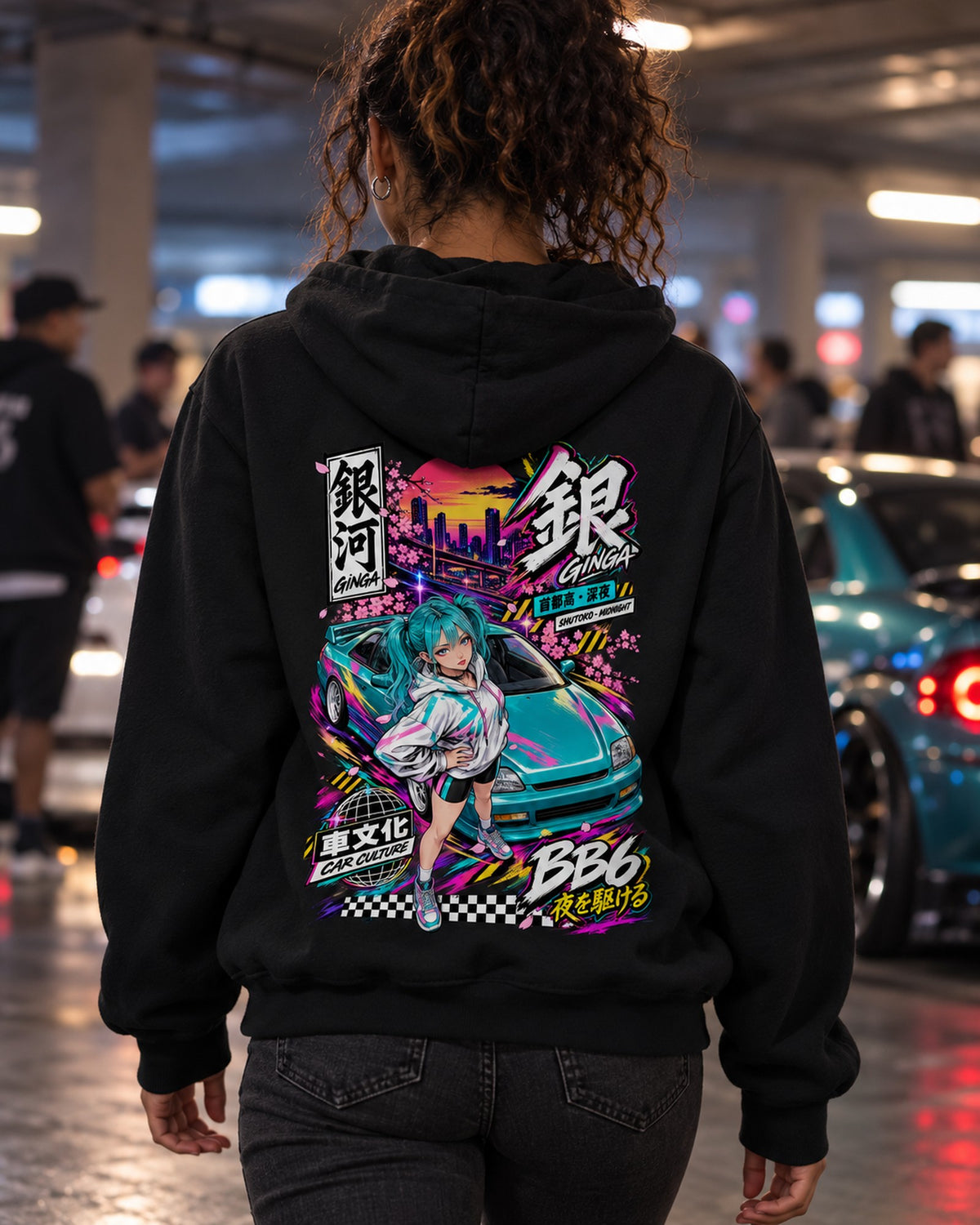 GINGA BB6 Anime Girl Full-Back Graphic Tee Pull Over Hoodie Black worn hero