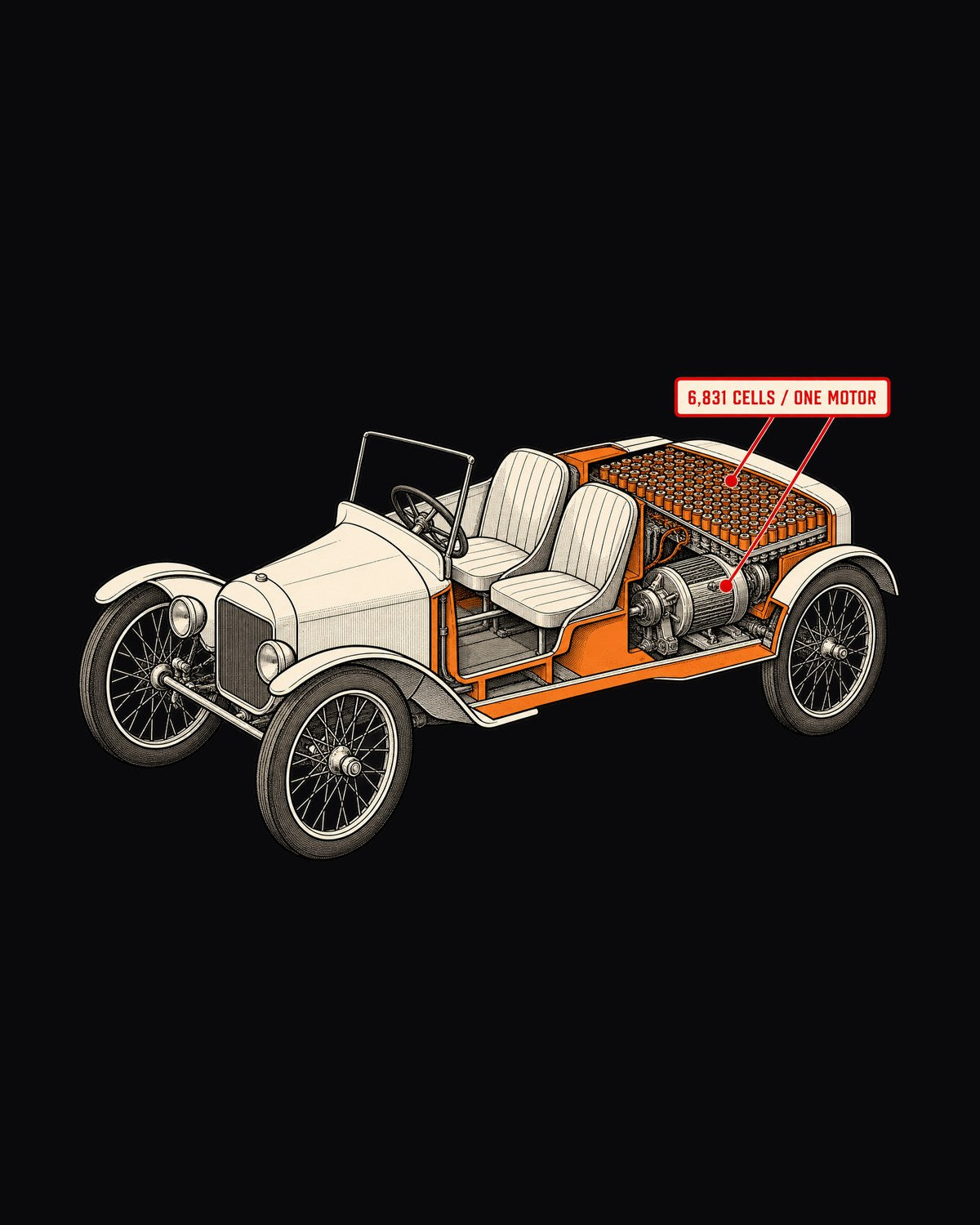 Tesla Roadster Gen 1 Isometric Cutaway Diagram print Tee design only