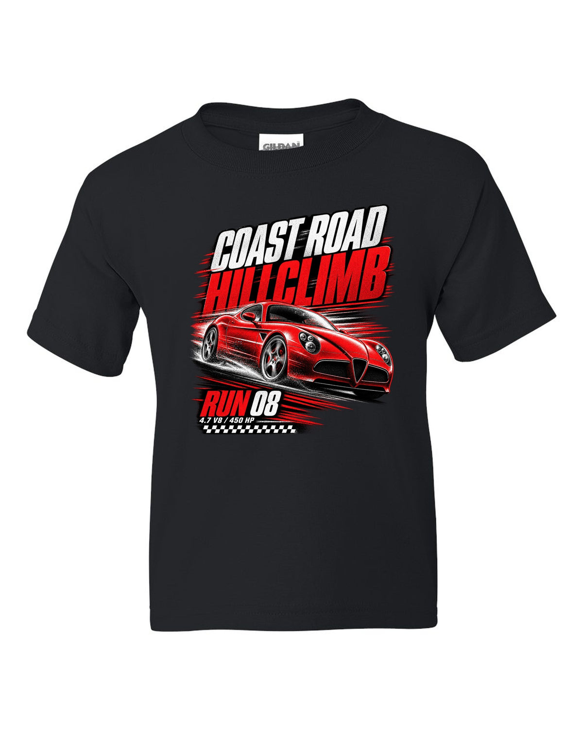 Hillclimb race poster print of an Alfa Romeo 8C Competizione with coast road and 4.7 V8 text black kids tee front view with the design